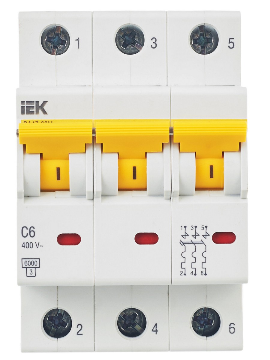 3 полюсные (трехполюсные) Автоматический выключатель IEK KARAT ВА47-60M 3Р 6А 6кА С MVA31-3-006-C 