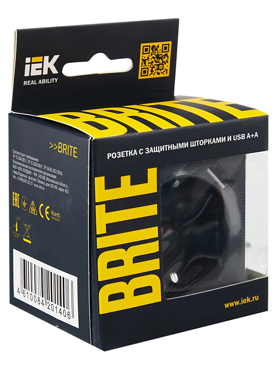 Розетка IEK BRITE с с/з и шторками 16А с USB A+A 3,1А РЮш10-2-БрГ графит BR-R14-16-U21-D31-K53