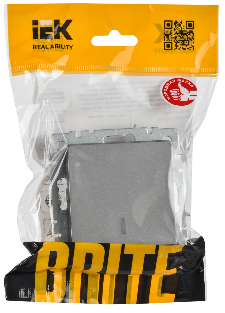 Выключатель IEK BRITE 1-клавишный с индикацией 10А ВС10-1-1-БрС сталь BR-V10-1-10-K46
