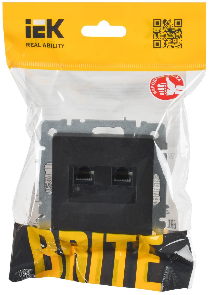 IEK Brite Черный Розетка компьютерная IEK BRITE BASE Черный 2-ая RJ45 кат.6 РК11-2-БрЧ BR-K20-2-K02