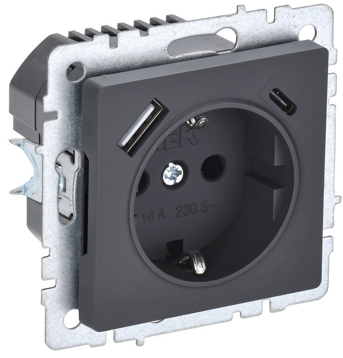 Розетка IEK BRITE с с/з и шторками 16А с USB A+C 18Вт РЮш11-1-БрГ графит BR-R14-16-U22-018-K53