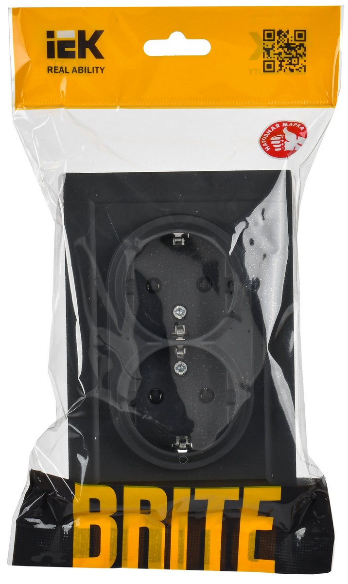 IEK Brite Графит Розетка IEK BRITE 2-ая с/з без шторок 16А в сборе РС12-3-БрГ графит BR-R21-16-K53-F