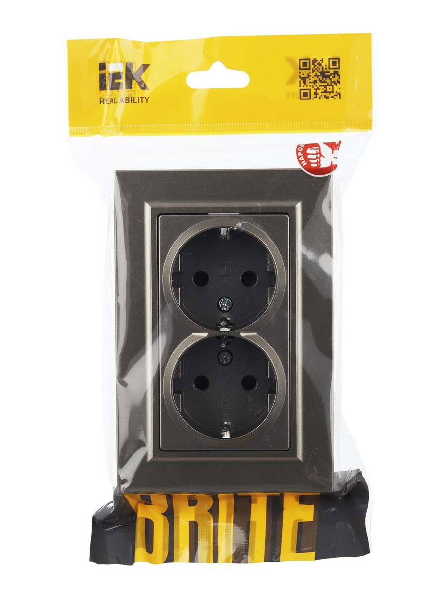 IEK Brite Шампань Розетка IEK BRITE 2-ая с/з с шторками 16А в сборе РСш12-3-БрШ шампань BR-R24-16-K37-F