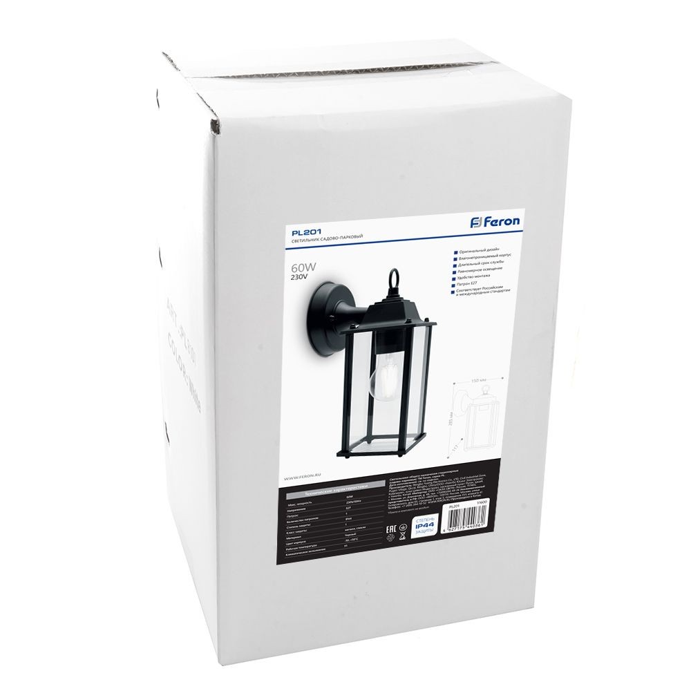 Уличные настенные светильники Светильник садово-парковый Feron PL201 на стену вниз 60W E27 230V черный 11600 