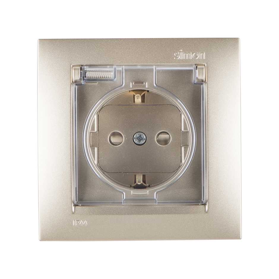 Розетка с/з Simon 15 Шампань со шторками с крышкой IP44 16А 1590450-034