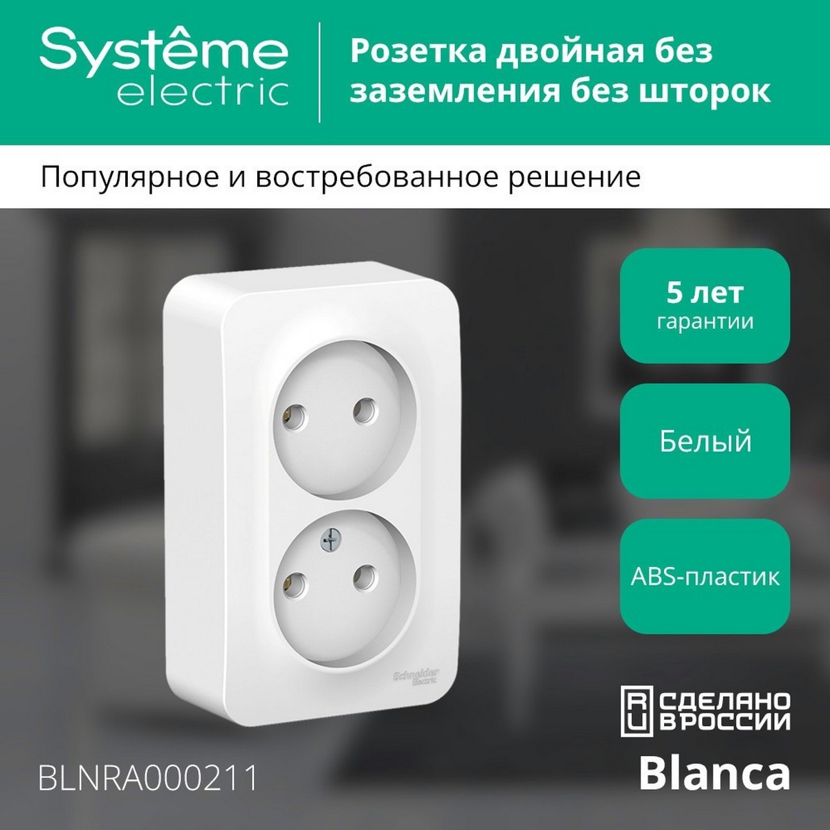 Розетка SE Blanca 2-ая Белый наружный б/з без шторок изолир. пластина BLNRA000211