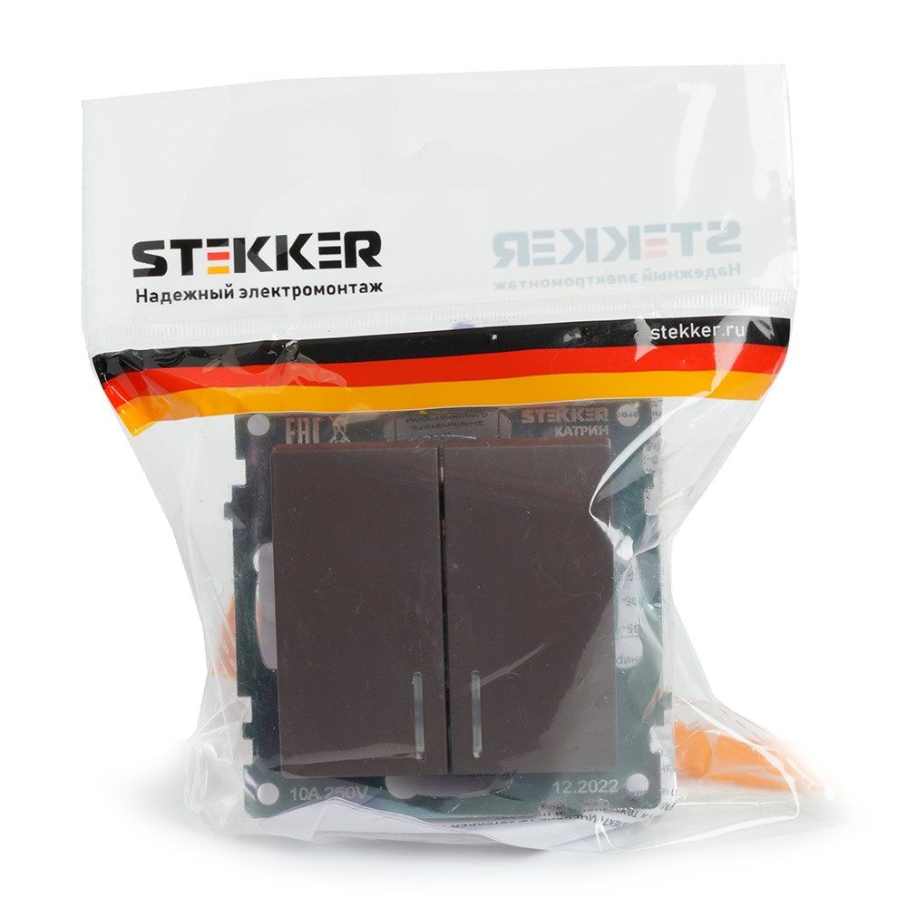 Катрин - Розетки и выключатели Stekker Выключатель 2-клавишный c индикатором STEKKER GLS10-7102-04 10А Катрин шоколад 49021
