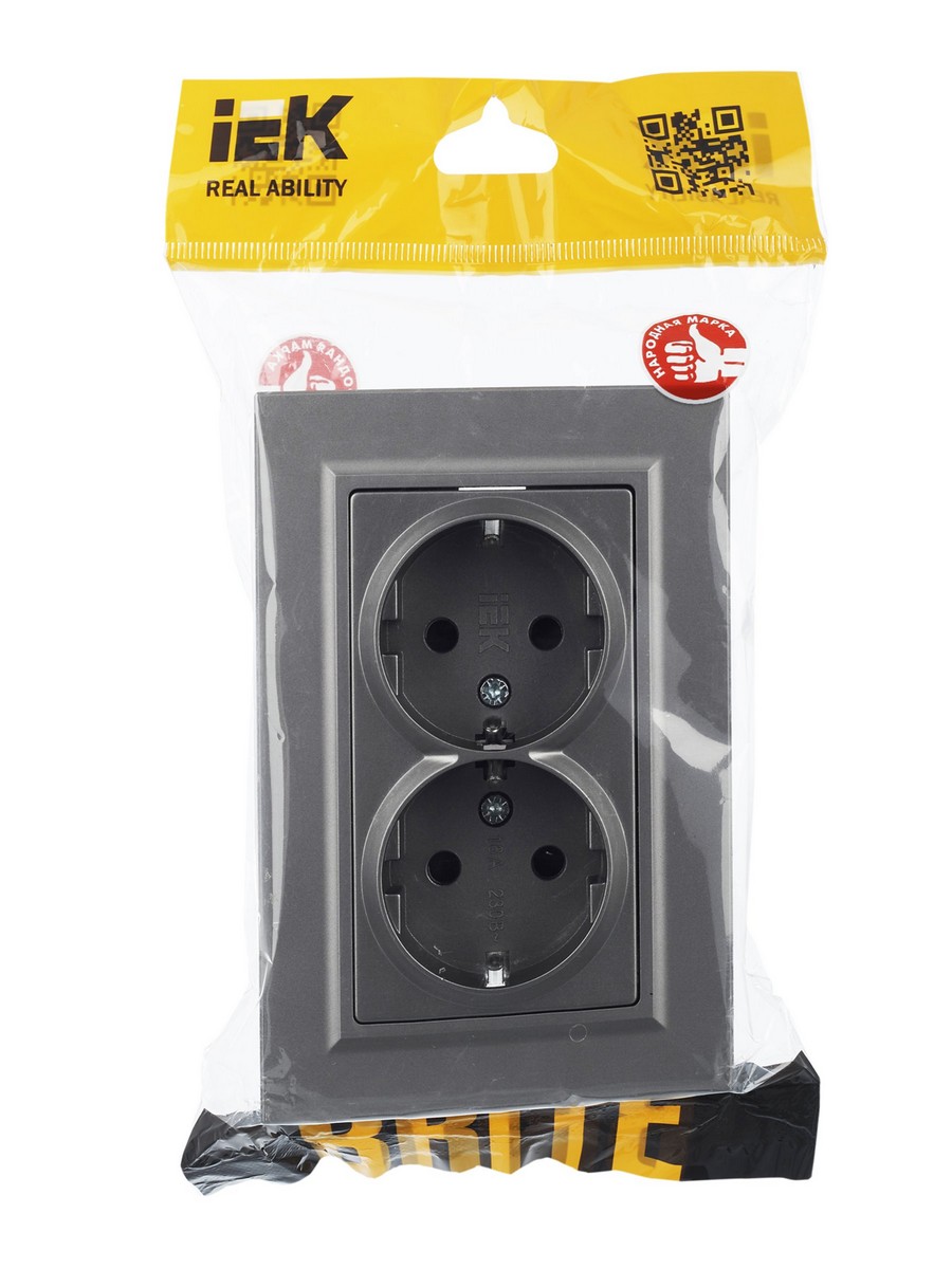 IEK Brite Сталь Розетка IEK BRITE 2-ая с/з с шторками 16А в сборе РСш12-3-БрС сталь BR-R24-16-K46-F