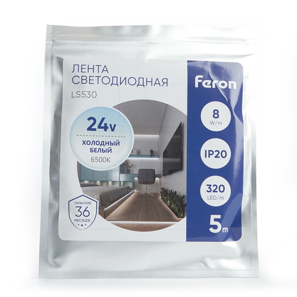 Светодиодная лента белая холодная Лента светодиодная Feron LS530 COB 320SMD(2110)/м 10Вт/м 24V 6500К IP20 5 метров 48265 