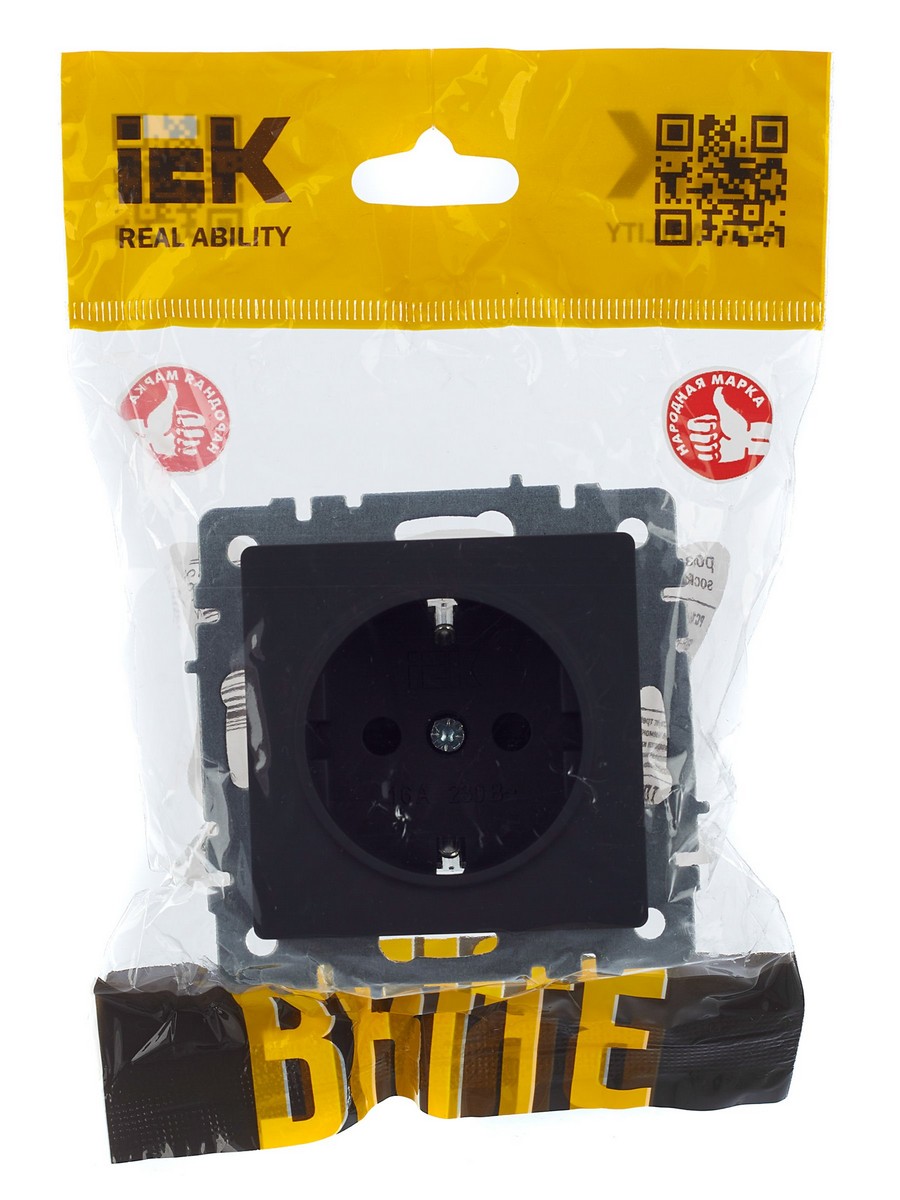 IEK Brite Графит Розетка IEK BRITE 1-местная с заземлением с защитными шторками 16А РС14-1-0-БрГ графит BR-R14-16-K53