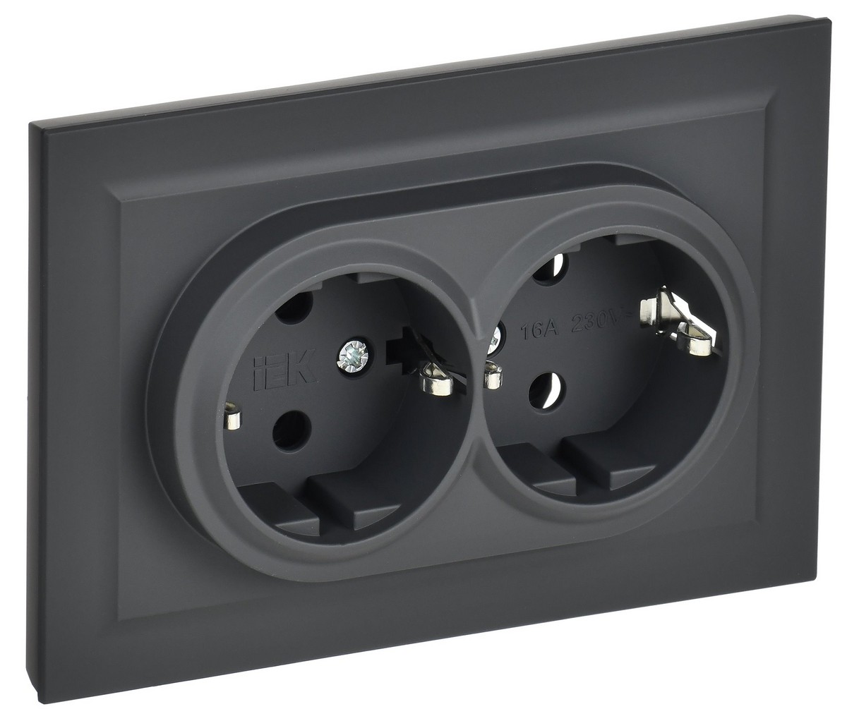 IEK Brite Графит Розетка IEK BRITE 2-ая с/з без шторок 16А в сборе РС12-3-БрГ графит BR-R21-16-K53-F