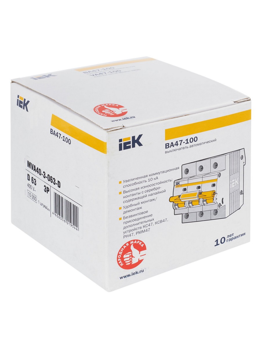 Автоматический выключатель IEK KARAT ВА47-100 3Р 63А 10кА х-ка D MVA40-3-063-D