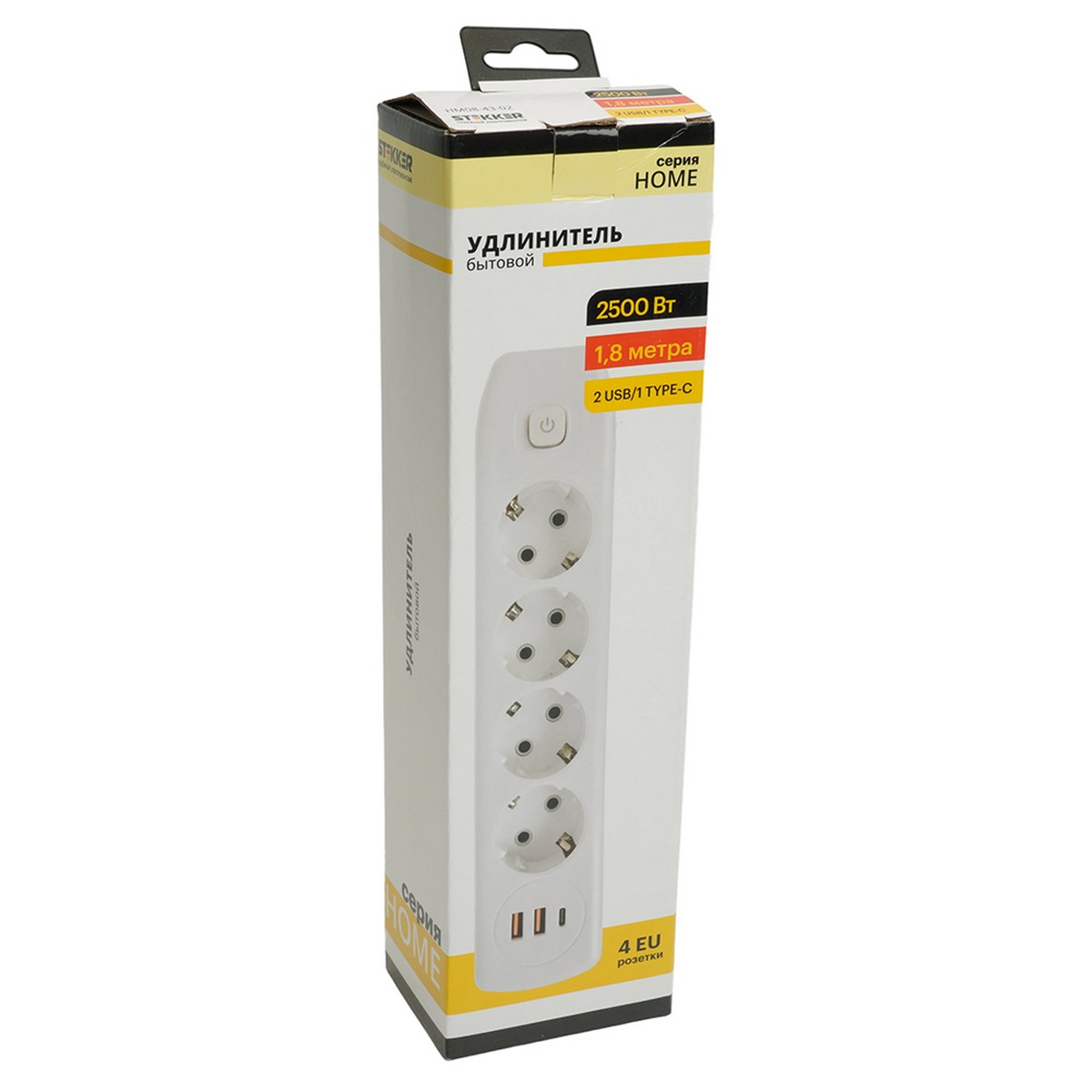 Удлинитель STEKKER HM08-43-02 4-местный c/з 3x1 мм2 1,8 м 2USB+1Type-C 2,4А Home белый 49971