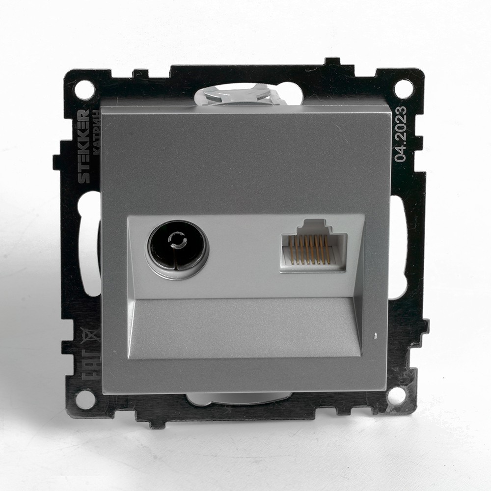 Катрин - Розетки и выключатели Stekker Розетка TV + компьютерная RJ-45 STEKKER GLS00-7106-03 Катрин серебро 49183