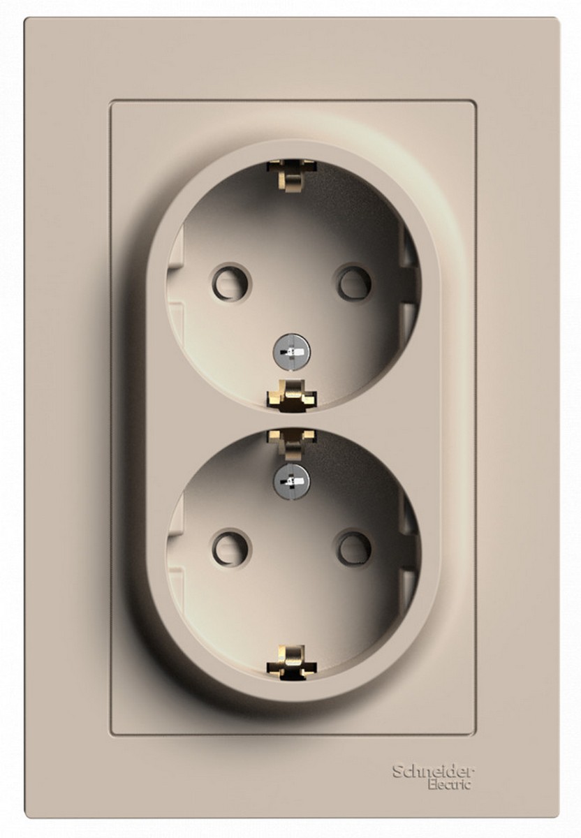 Розетка Systeme Electric AtlasDesign Песочный двойная с/з со шторками 16А в сборе ATN001226