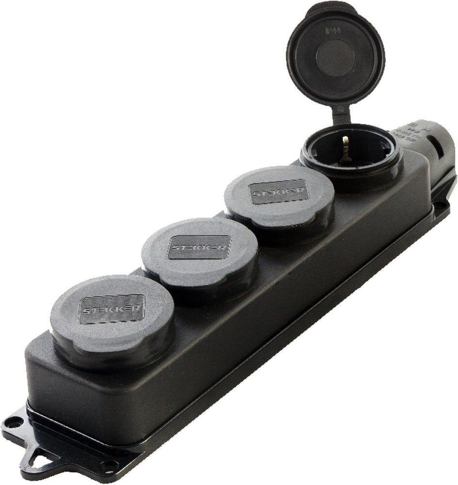 Колодки и удлинители, тройники Розетка переносная 4-местная c/з STEKKER RST16-24-44 каучук 250В 16А IP44 черный 39019 