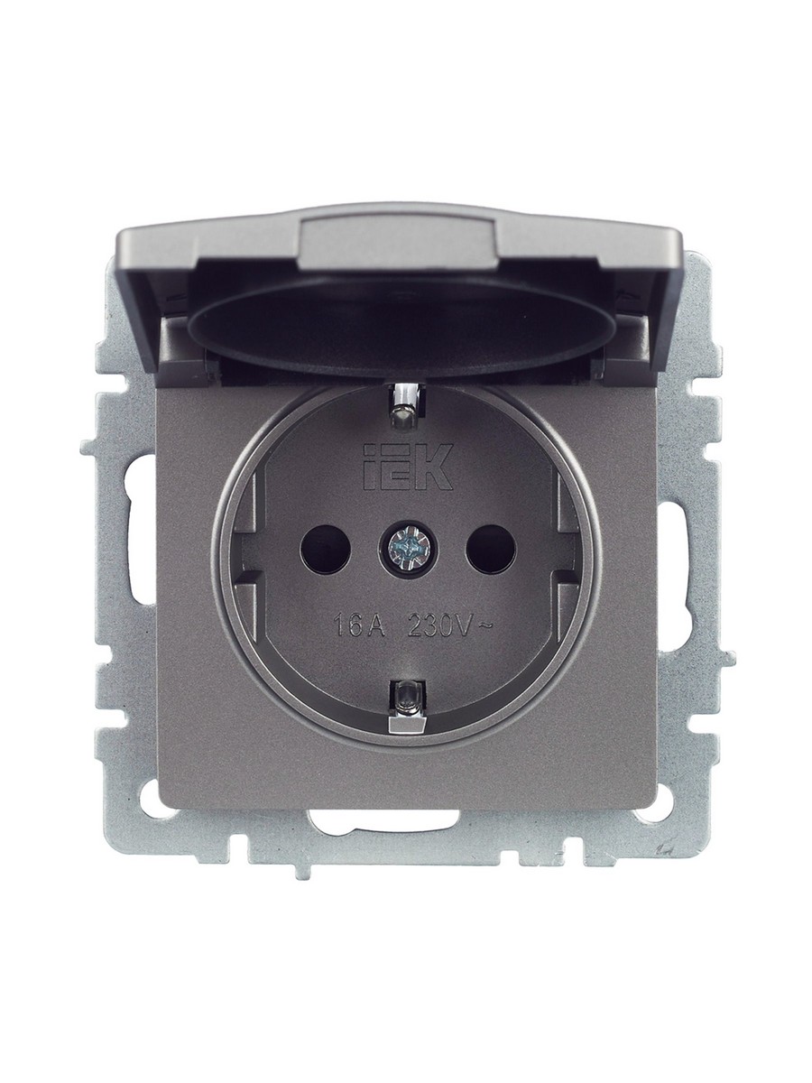 Розетка IEK BRITE с/з с шторками и крышкой 16А IP20 РСбш10-3-БрС сталь BR-R16-16-K46