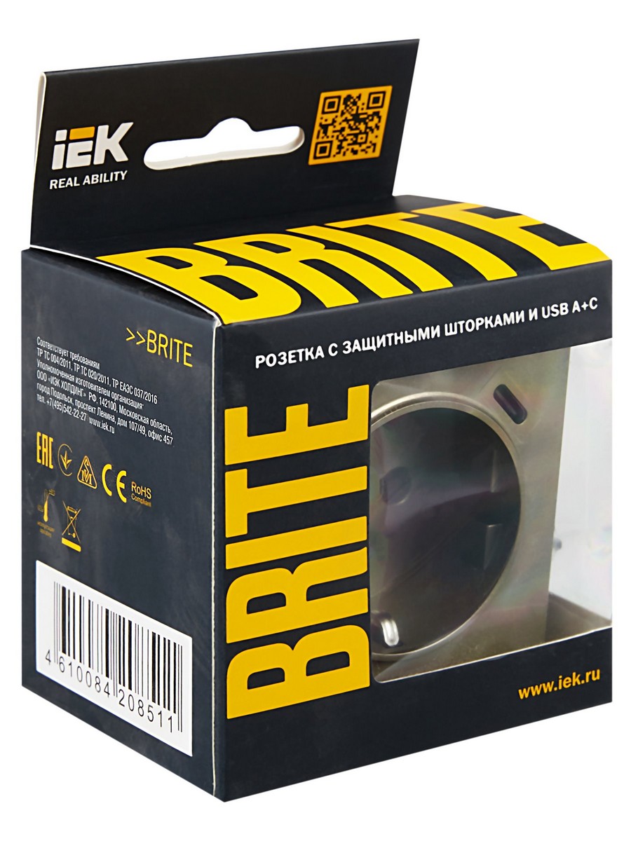 Розетка IEK BRITE с с/з и шторками 16А с USB A+C 18Вт РЮш11-1-БрШ шампань BR-R14-16-U22-018-K37