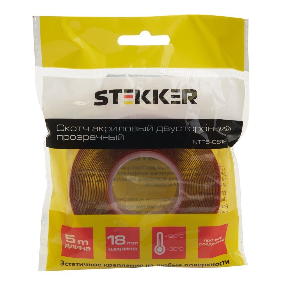 Скотч акриловый двусторонний STEKKER INTP5-0818-5 08*18 ммдлина 5м прозрачный  красная подложка 3914