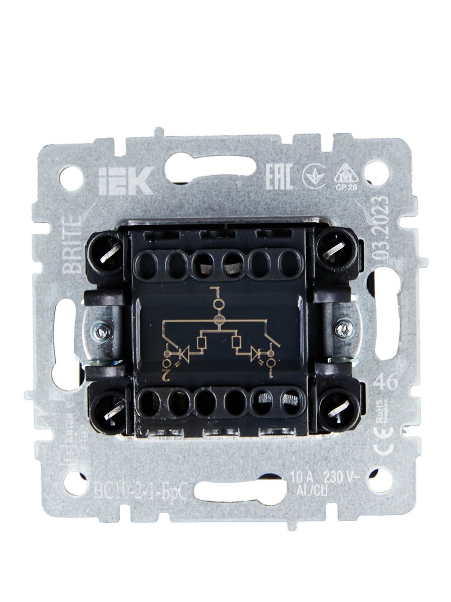 Выключатель IEK BRITE 2-клавишный с индикацией 10А ВС10-2-1-БрС сталь BR-V20-1-10-K46
