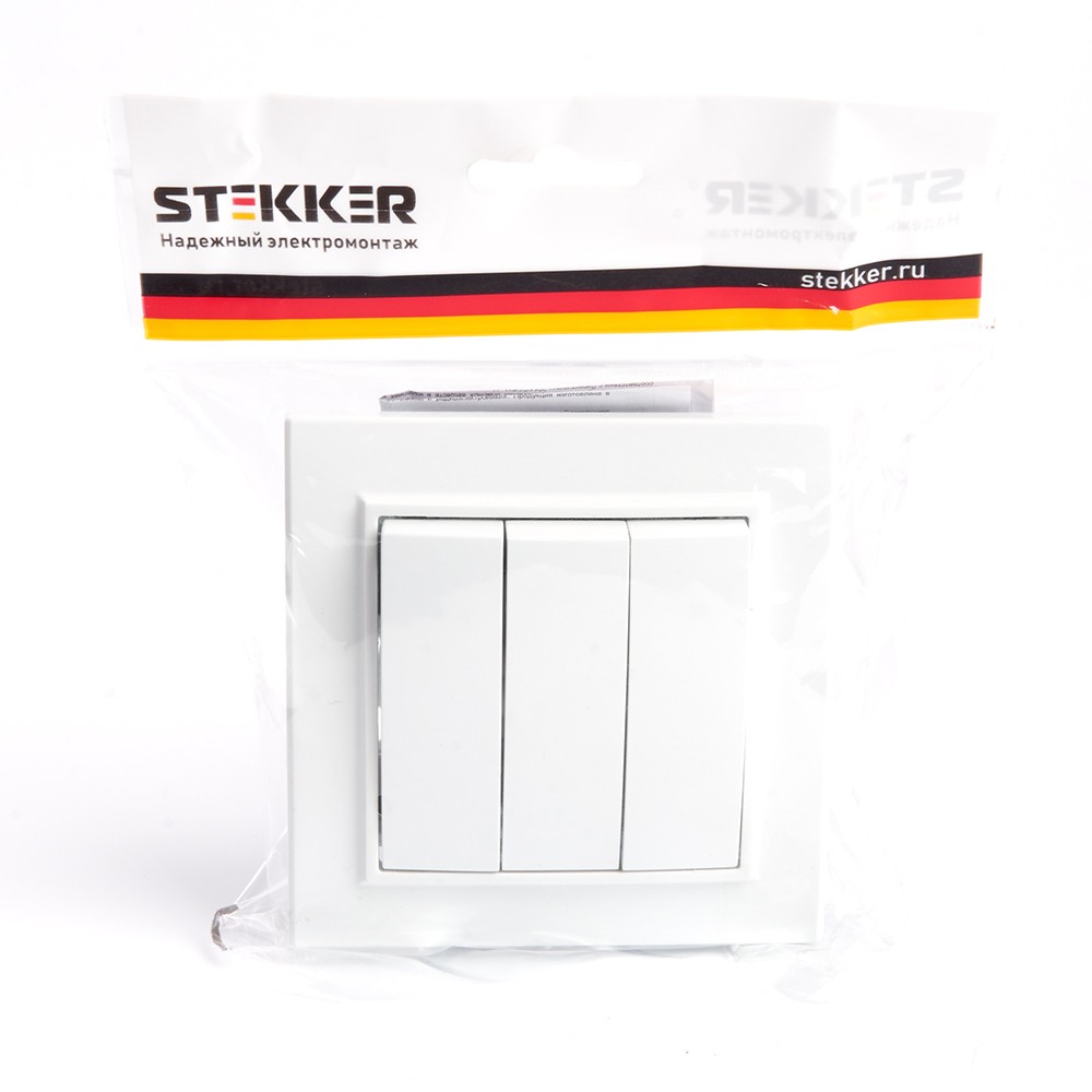 Выключатель 3-клавишный STEKKER PSW10-9007-01 10А Эрна белый с рамкой 39922