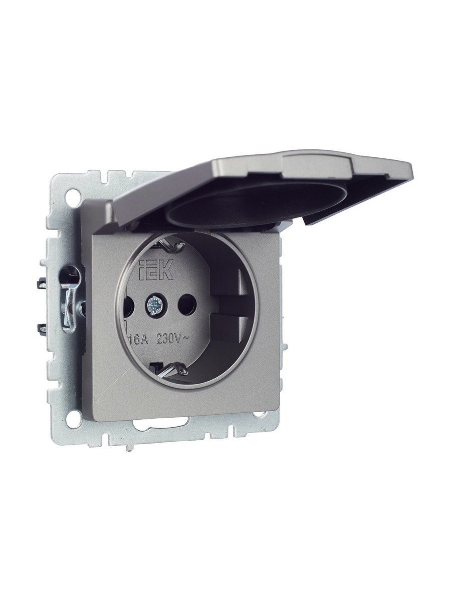 Розетка IEK BRITE с/з с шторками и крышкой 16А IP20 РСбш10-3-БрС сталь BR-R16-16-K46