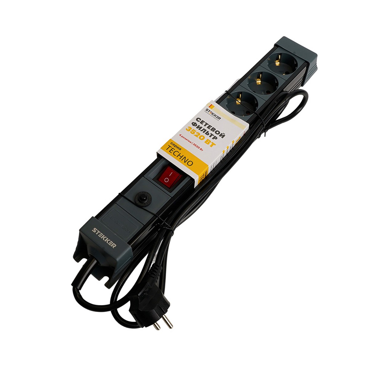 Колодки и удлинители, тройники Сетевой фильтр 4-местный с/з STEKKER HM22-41-03 3 м Techno черный 50157 