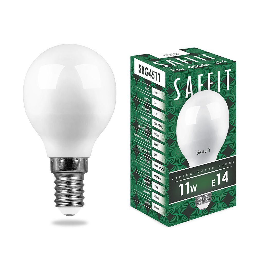 Лампа светодиодная SAFFIT SBG4511 Шарик E14 11W 4000K 55138