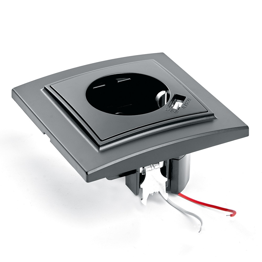 Розетка 1-местная c/з и с USB STEKKER PST16-9011-03 16А с защ. шторкой Эрна черный с рамкой 39480
