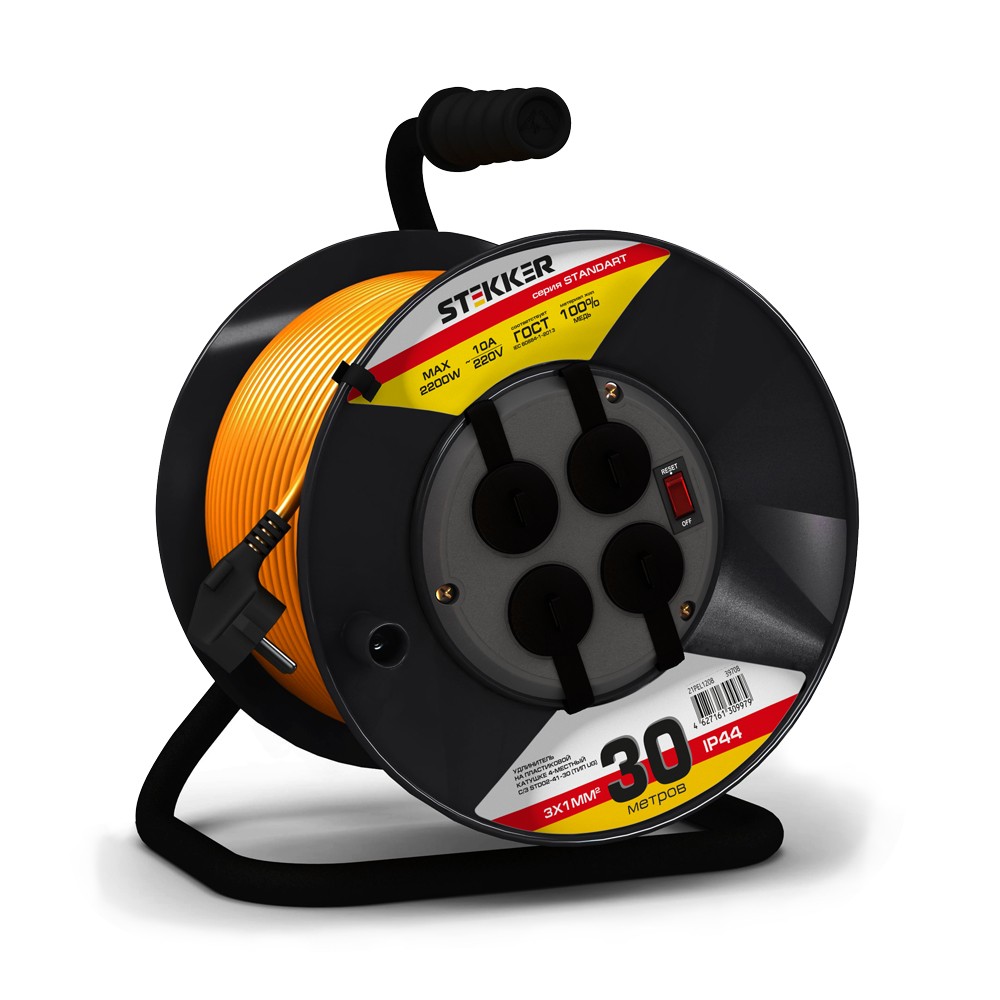 Колодки и удлинители, тройники Удлинитель на пластиковой катушке Stekker STD02-41-30 (UG) 30м 4 гнезда с/з 3*10 оранжевый Standart 
