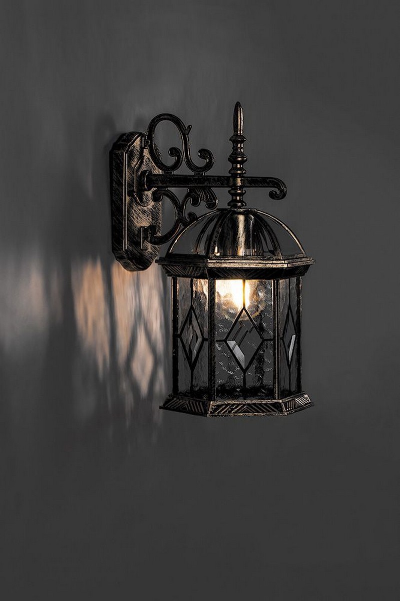 Уличные настенные светильники Светильник садово-парковый Feron PL131 шестигранный на стену вверх 60W 230V E27 черное золото 11335 