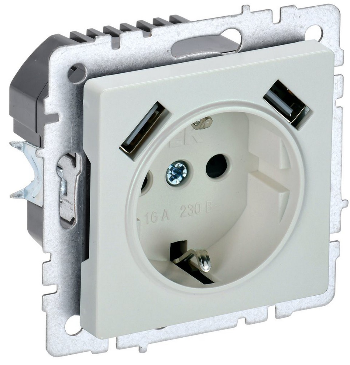 Розетка IEK BRITE с с/з и шторками 16А с USB A+A 2,1А РЮш10-1-БрЖ жемчужный BR-R14-16-U21-D21-K36