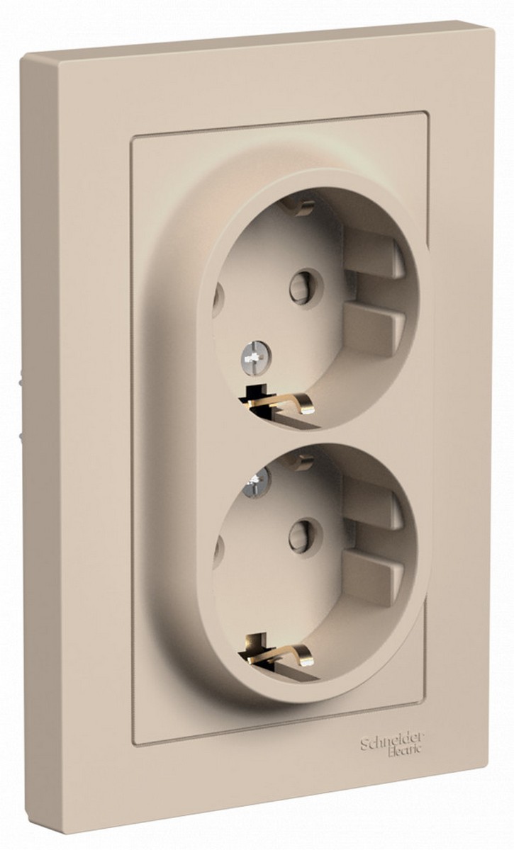 Розетка Systeme Electric AtlasDesign Песочный двойная с/з со шторками 16А в сборе ATN001226