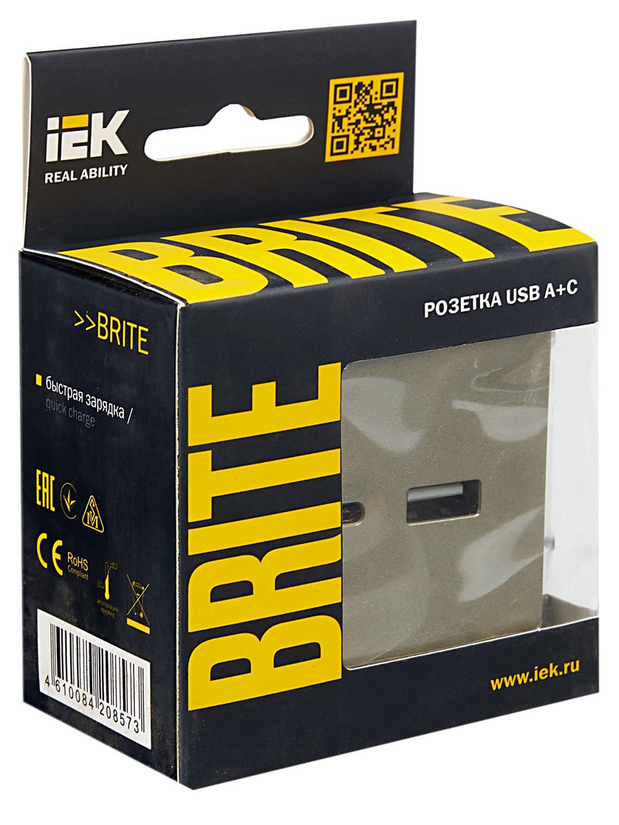 Розетка IEK BRITE USB A+C 18Вт РЮ11-1-БрШ шампань BR-U22-018-K37