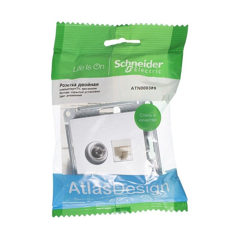 AtlasDesign Алюминий Розетка комп+ТВ, Systeme Electric AtlasDesign Алюминий двойная RJ45+TV, кат.5E, ATN000389