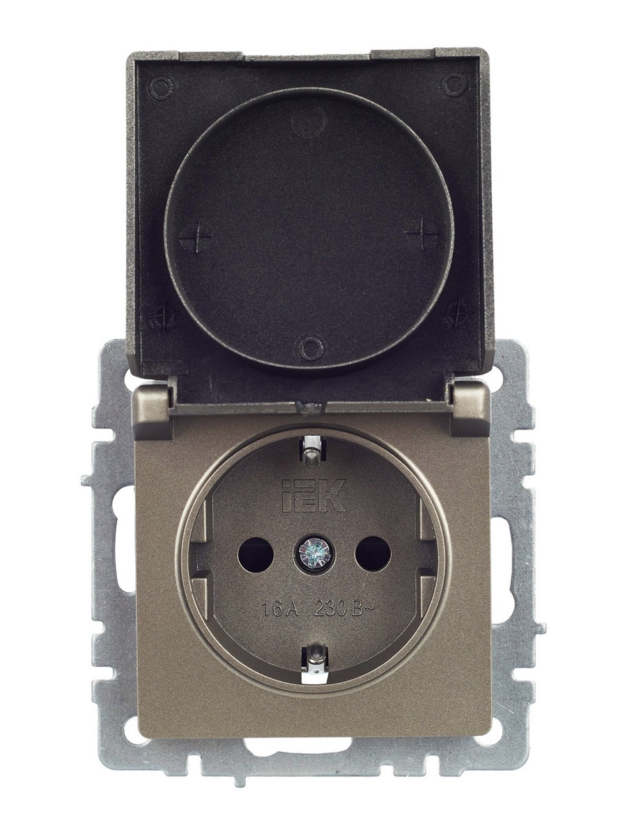 Розетка IEK BRITE с/з с шторками и крышкой 16А IP44 РСбш10-3-44-БрШ шампань BR-R16-16-44-K37