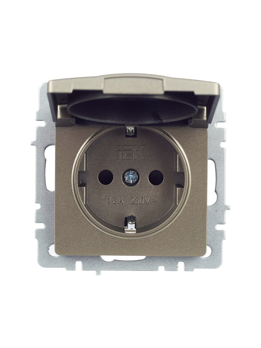 Розетка IEK BRITE с/з с шторками и крышкой 16А IP20 РСбш10-3-БрШ шампань BR-R16-16-K37
