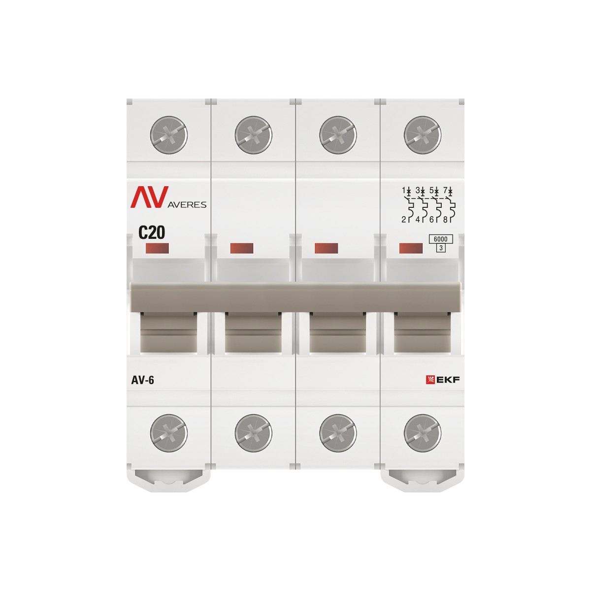 4 полюсные (четырехполюсные) Автоматический выключатель EKF AVERES AV-6 (С) 4P 20А 6kA mcb6-4-20C-av 