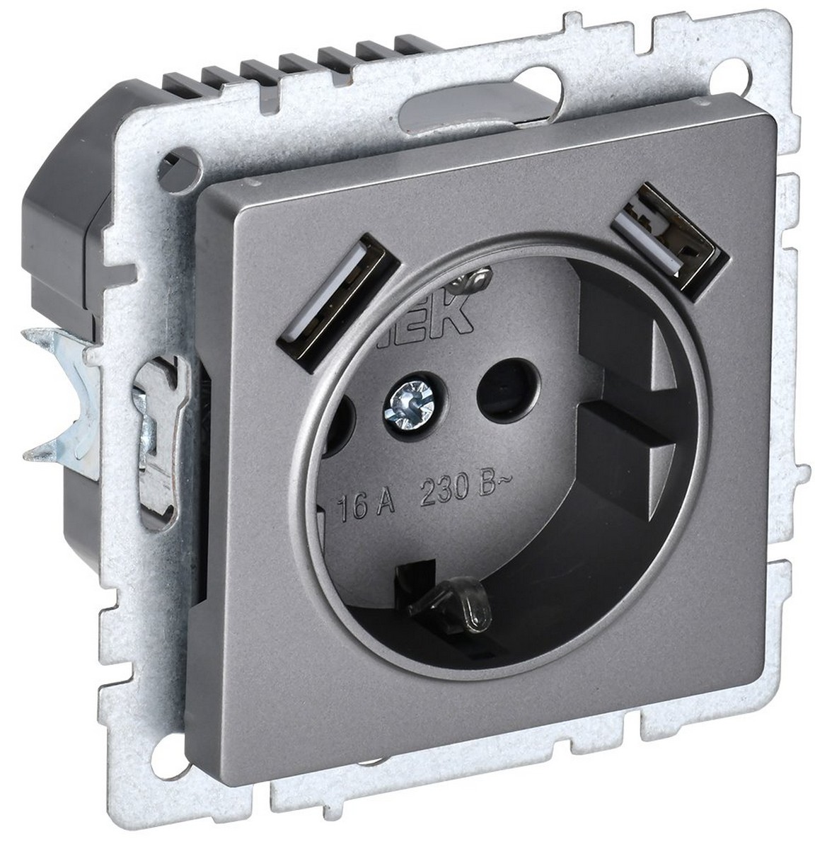 IEK Brite Сталь Розетка IEK BRITE с с/з и шторками 16А с USB A+A 2,1А РЮш10-1-БрС сталь BR-R14-16-U21-D21-K46