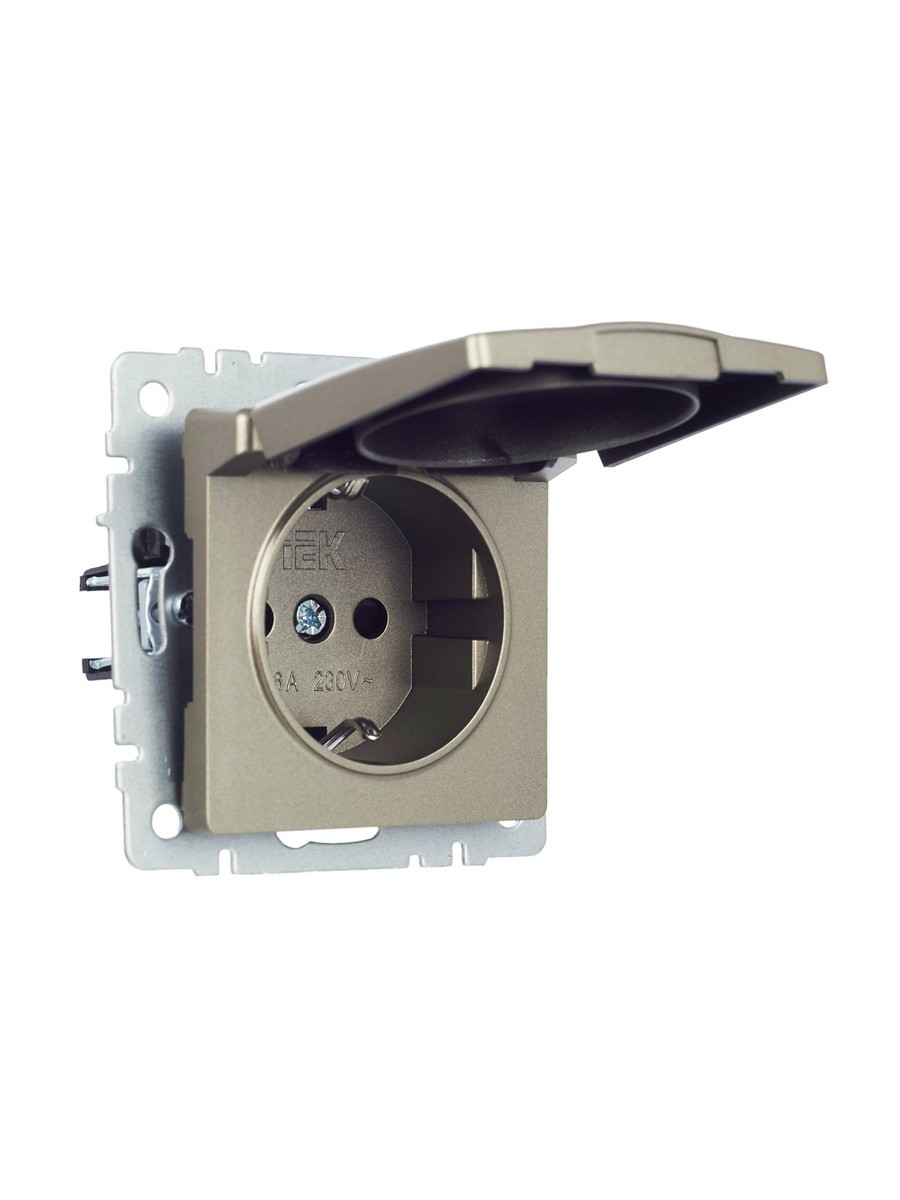 Розетка IEK BRITE с/з с шторками и крышкой 16А IP20 РСбш10-3-БрШ шампань BR-R16-16-K37