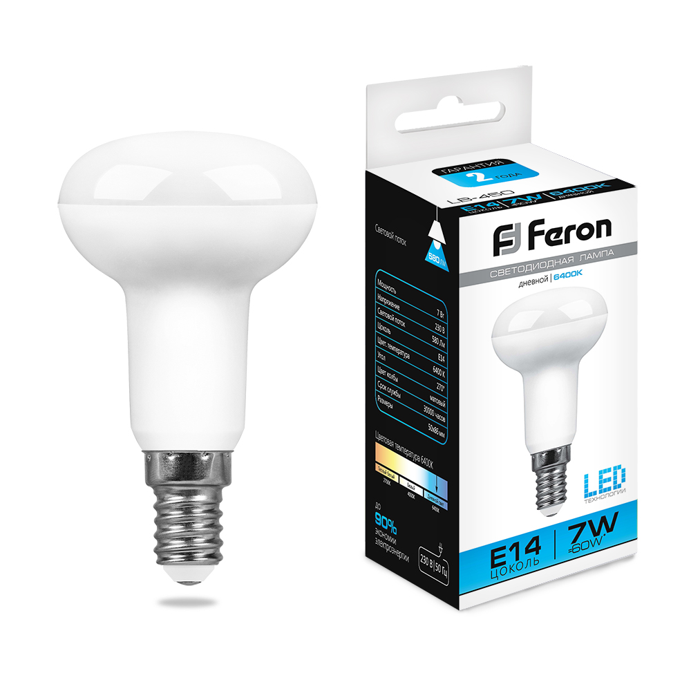 Лампа светодиодная Feron LB-450 R50 E14 7W 6400K 230V 25515