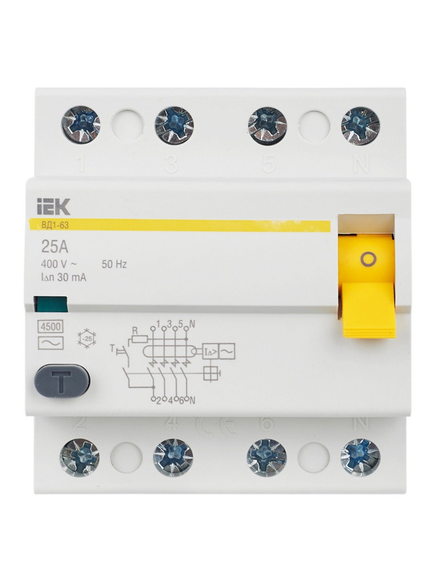 IEK Выключатель дифференциальный IEK KARAT ВД1-63 (УЗО) 4Р 25А 30мА MDV10-4-025-030 
