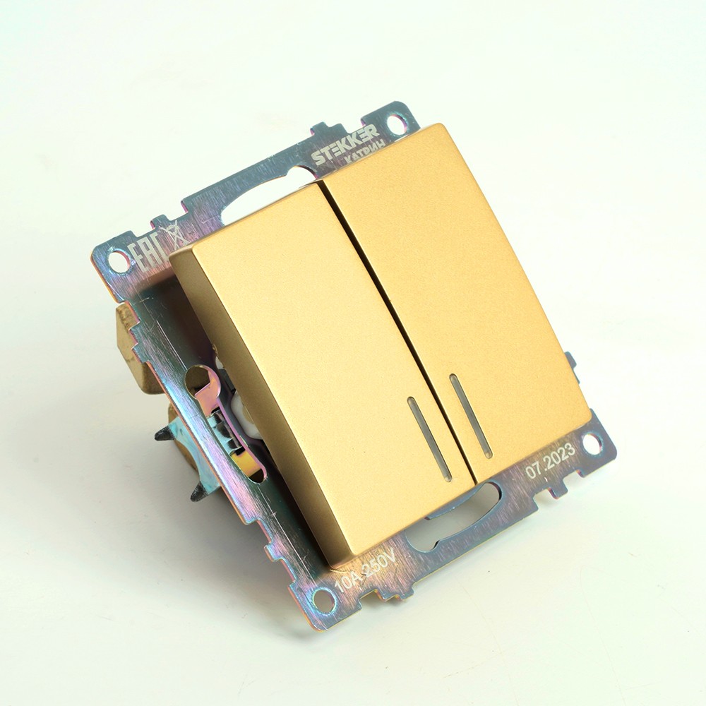 Катрин - Розетки и выключатели Stekker Выключатель 2-клавишный c индикатором STEKKER GLS10-7102-08 10А Катрин золото 49217