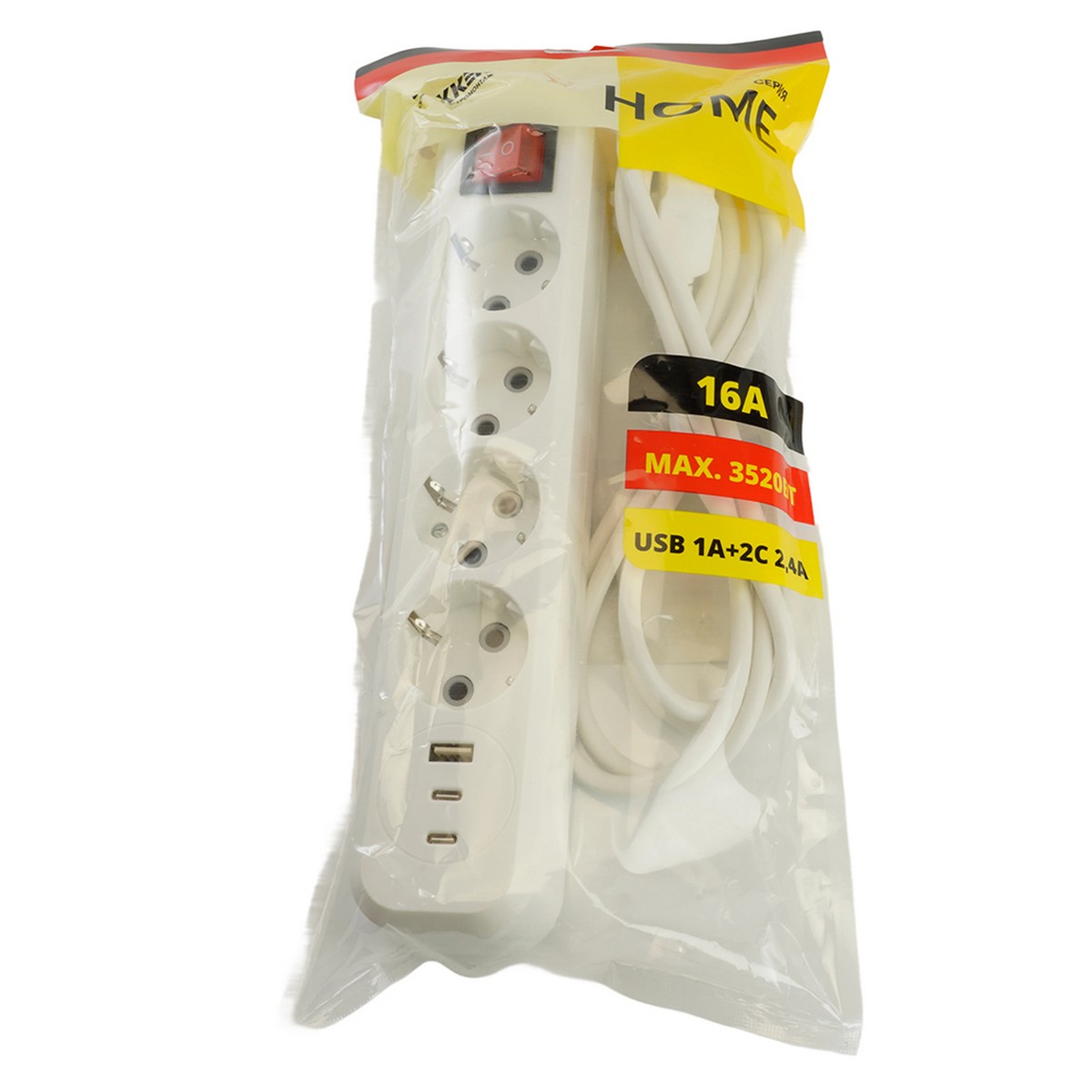 Колодки и удлинители, тройники Удлинитель 4-местный с/з с выключателем STEKKER HM071-41-02 2м 1USB+2C 2.4A Home белый 50139 