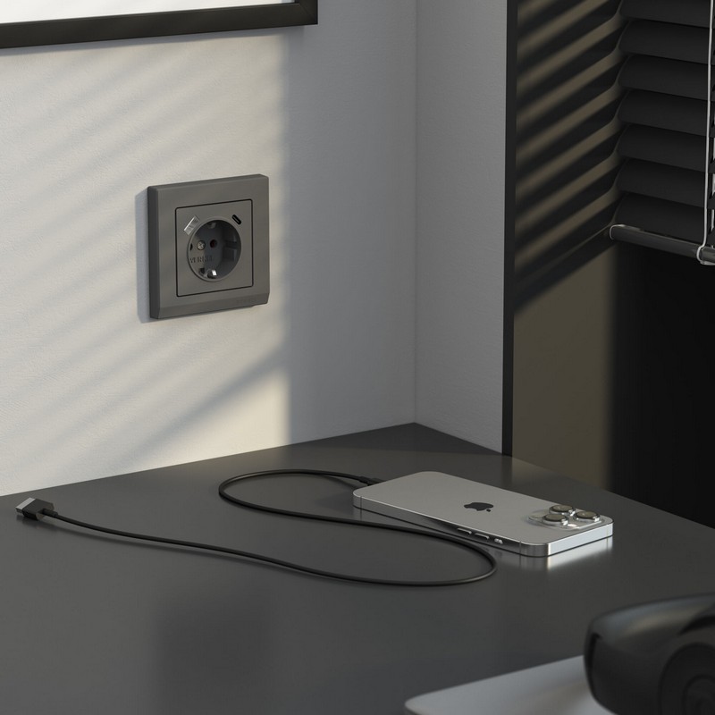 Werkel Графит матовый Розетка Werkel с заземлением, шторками и USB тип A+C  (графит матовый) W1171764