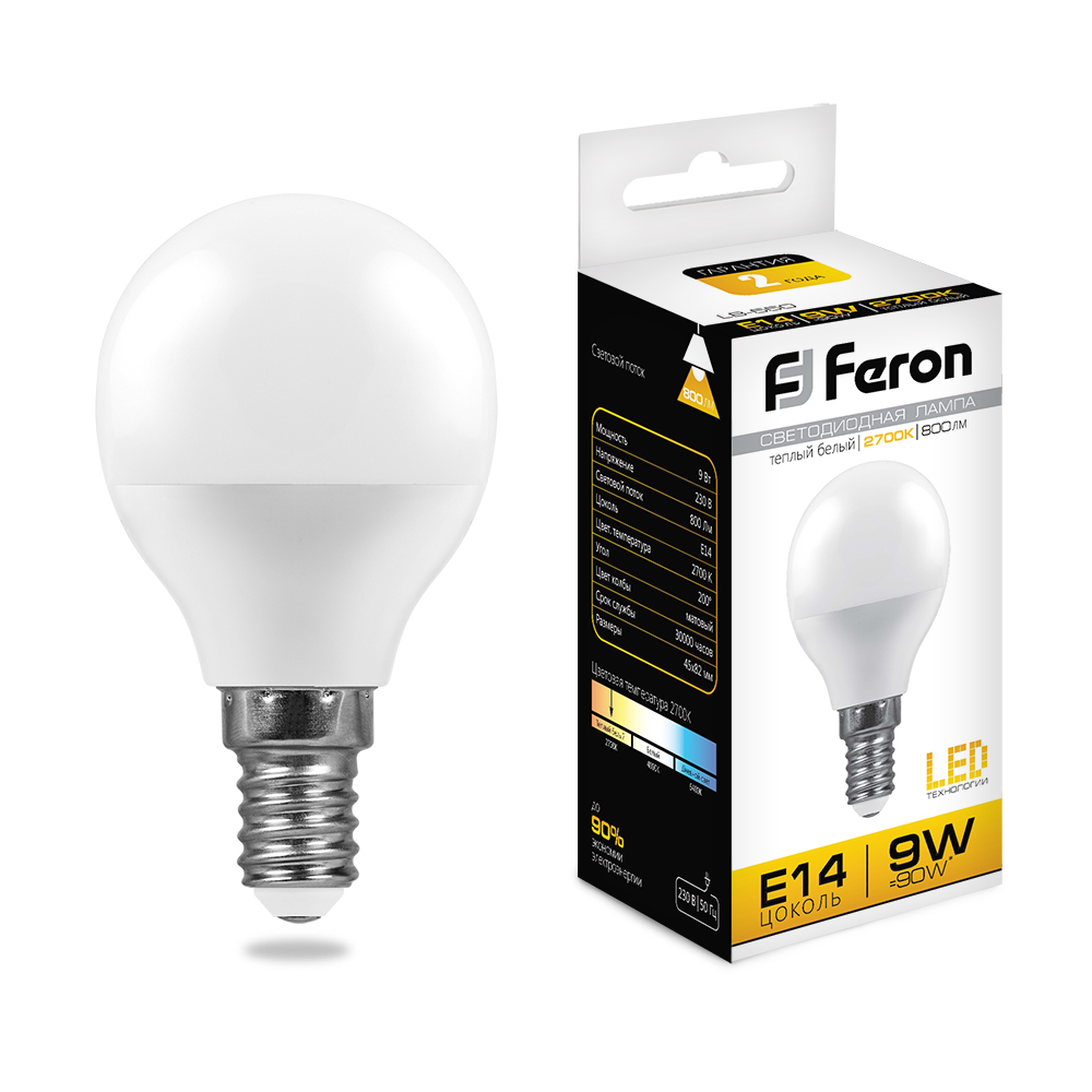 Лампа светодиодная Feron LB-550 Шарик E14 9W 2700K 230V 25801