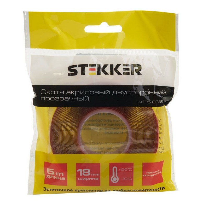 Скотч акриловый двусторонний STEKKER INTP5-0818-5 08*18 ммдлина 5м прозрачный  красная подложка 3914