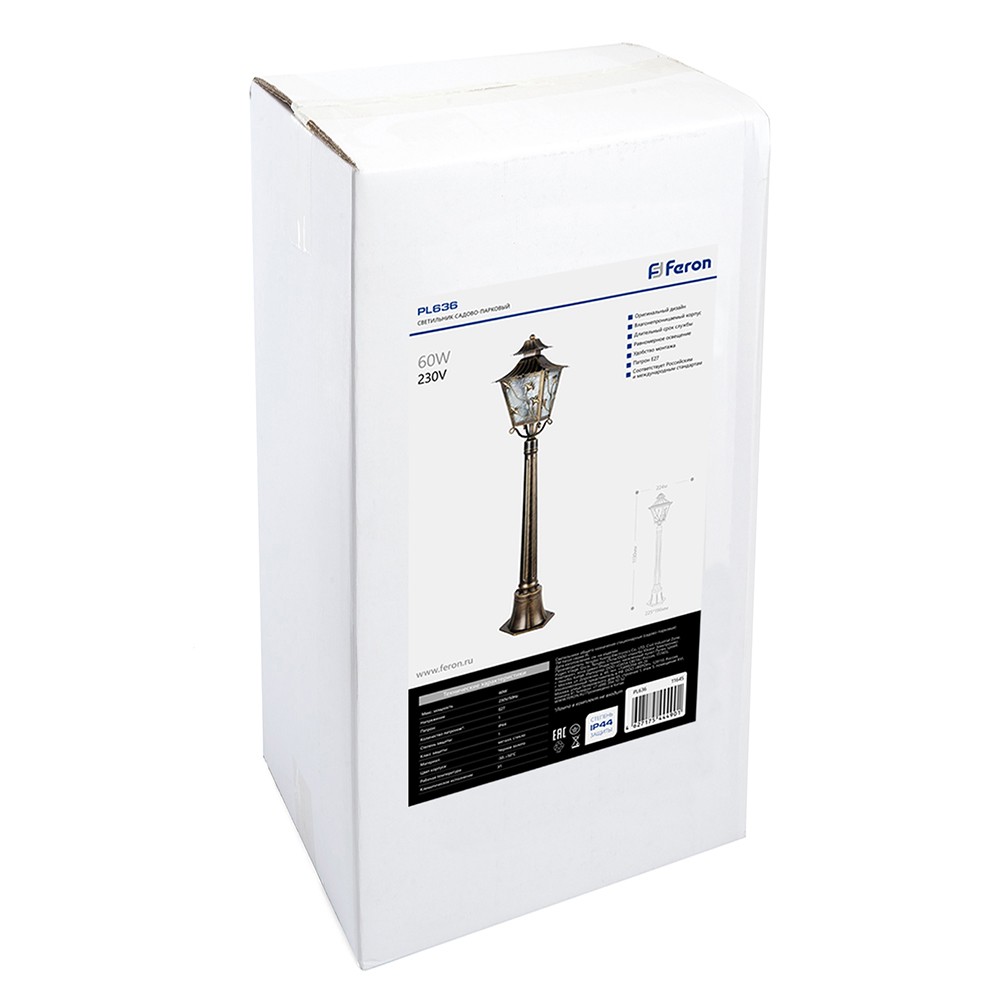 Светильник садово-парковый Feron PL636 столб 60W 230V E27 черное золото 11645