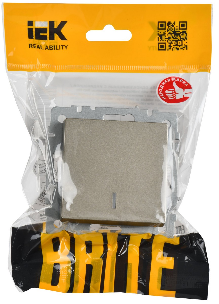 IEK Brite Шампань Выключатель IEK BRITE 1-клавишный с индикацией 10А ВС10-1-1-БрШ шампань BR-V10-1-10-K37