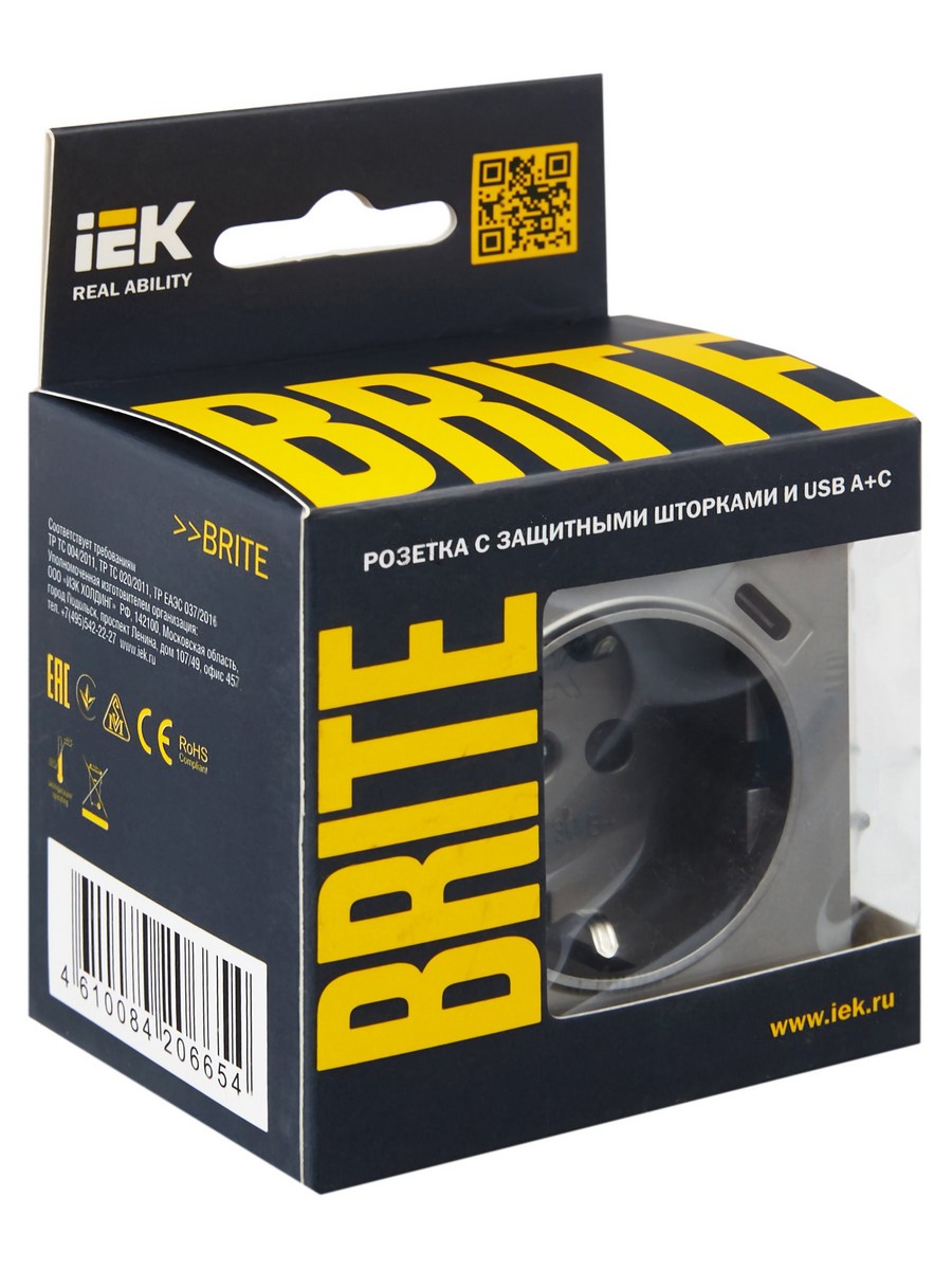 Розетка IEK BRITE с с/з и шторками 16А с USB A+C 18Вт РЮш11-1-БрС сталь BR-R14-16-U22-018-K46